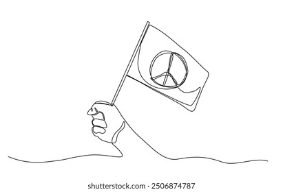 One continuous line drawing hand holding flag with peace symbol. Hand holds flag in single line illustration.