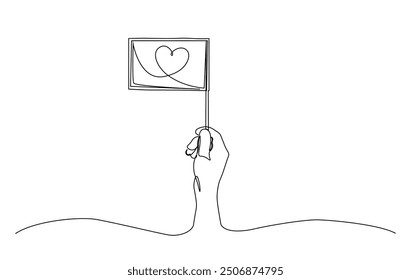 One continuous line drawing hand holding flag with  love shape. Hand holds flag in single line illustration.