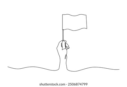 One continuous line drawing hand holding white flag. Hand holds flag in single line illustration.