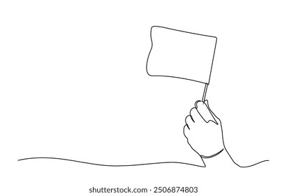 One continuous line drawing hand holding white flag. Hand holds flag in single line illustration.