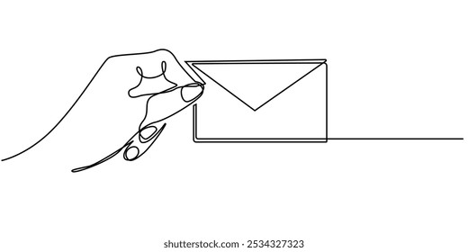 one continuous line drawing of a hand holding an envelope.one line vector drawing of hand holding email.sending email.single line vector illustration.isolated white background