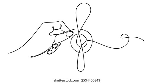 one continuous line drawing of a hand holding the chord of G.one line drawing of a hand with the chord of G at the beginning of the stave.single line vector illustration.isolated white background