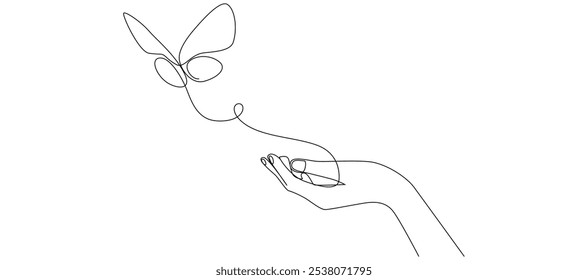 One continuous line drawing of hand holding butterfly. Beautiful flying moth for wellbeing beauty or spa salon logo in simple linear style. Editable stroke. Doodle outline vector illustration eps 10