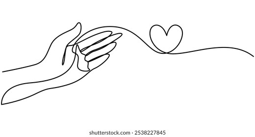 Un dibujo de línea continua de la mano sosteniendo el corazón. Concepto de Asistencia. Ilustración vectorial de la caridad, un dibujo continuo del signo del amor de la forma del corazón y del color. Símbolos florecientes y románticos en sencillo