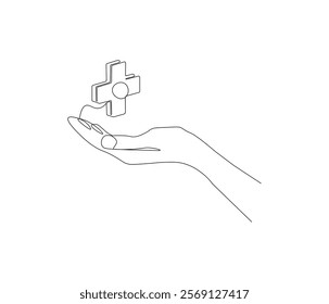 One continuous line drawing of hand with sign plus . Single line of human healthcare vector illustration . Doodle line illustration.