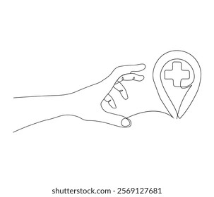 One continuous line drawing of hand with sign plus . Single line of human healthcare vector illustration . Doodle line illustration.