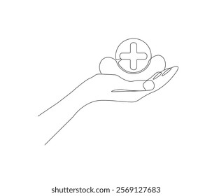 One continuous line drawing of hand with sign plus . Single line of human healthcare vector illustration . Doodle line illustration.