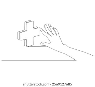 One continuous line drawing of hand with sign plus . Single line of human healthcare vector illustration . Doodle line illustration.