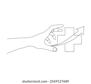 One continuous line drawing of hand with sign plus . Single line of human healthcare vector illustration . Doodle line illustration.