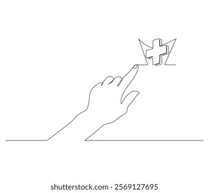 One continuous line drawing of hand with sign plus . Single line of human healthcare vector illustration . Doodle line illustration.