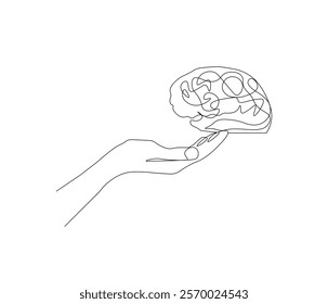 One continuous line drawing of hand with human brain . Single line of human brain with hand vector illustration . Doodle line illustration.
