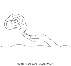 One continuous line drawing of hand with human brain . Single line of human brain with hand vector illustration . Doodle line illustration.
