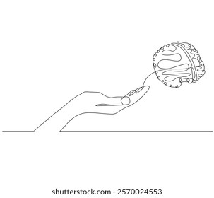 One continuous line drawing of hand with human brain . Single line of human brain with hand vector illustration . Doodle line illustration.
