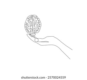 One continuous line drawing of hand with human brain . Single line of human brain with hand vector illustration . Doodle line illustration.
