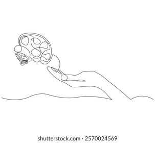 One continuous line drawing of hand with human brain . Single line of human brain with hand vector illustration . Doodle line illustration.
