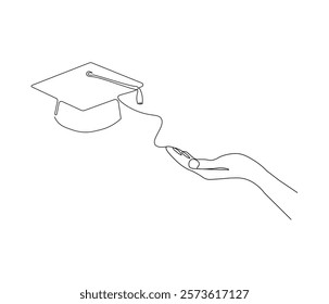 One continuous line drawing of hand with graduation cap. Studying thin symbol or logo in simple linear style. Concept vector art for university or college. Editable stroke. Doodle line illustration
