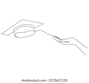 One continuous line drawing of hand with graduation cap. Studying thin symbol or logo in simple linear style. Concept vector art for university or college. Editable stroke. Doodle line illustration