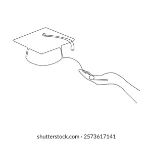 One continuous line drawing of hand with graduation cap. Studying thin symbol or logo in simple linear style. Concept vector art for university or college. Editable stroke. Doodle line illustration