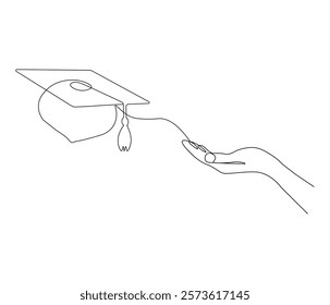 One continuous line drawing of hand with graduation cap. Studying thin symbol or logo in simple linear style. Concept vector art for university or college. Editable stroke. Doodle line illustration