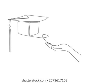 One continuous line drawing of hand with graduation cap. Studying thin symbol or logo in simple linear style. Concept vector art for university or college. Editable stroke. Doodle line illustration