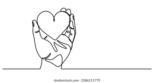 One continuous line drawing of hand holding heart. Support concept. Charity vector illustration, One Line Drawing of a Heart Held Above a Hand, Clean Representation of Affection and Care, Concept pro.