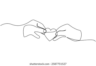 One continuous line drawing of hand holding heart, One continuous line drawing of hands holding heart. Concept of love relationship and volunteer organization symbol.