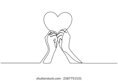One continuous line drawing of hand holding heart, One continuous line drawing of hands holding heart. Concept of love relationship and volunteer organization symbol.