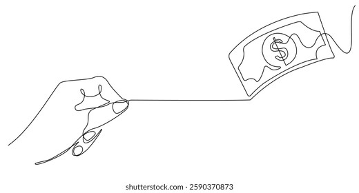 one continuous line drawing of a hand pulling a banknote.one line drawing of a person's hand pulling a dollar bill.single line vector illustration.isolated white background