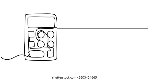 One continuous line drawing. Hand and calculator with question mark. Cost calculating. Budget planning. Problem or Finance crisis. Calculation of profit. Payment of taxes. Sketch, vector.