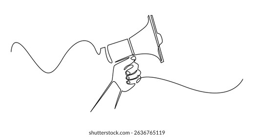 one continuous line drawing of a hand with a loudspeaker. Symbol sign for marketing, advertising, discounts and others