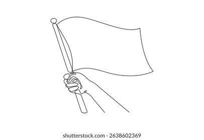 One continuous line drawing hand holding white flag. Hand holds flag in single line illustration, Doodle of hand holding white flag illustration on white background.