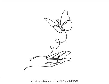 One continuous line drawing of hand holding butterfly. Beautiful flying moth for wellbeing beauty or spa salon logo in simple linear style. Hand drawn one line vector. Editable stroke	