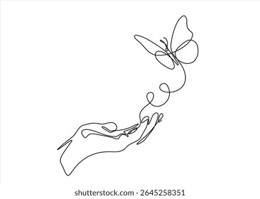 One continuous line drawing of hand holding butterfly. Beautiful flying moth for wellbeing beauty or spa salon logo in simple linear style. Hand drawn one line vector. Editable stroke	