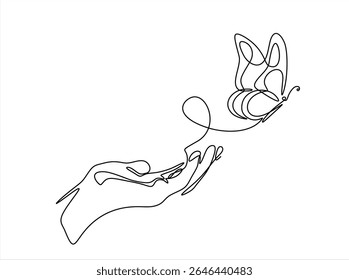 One continuous line drawing of hand holding butterfly. Beautiful flying moth for wellbeing beauty or spa salon logo in simple linear style. Hand drawn one line vector. Editable stroke	