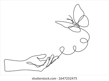 One continuous line drawing of hand holding butterfly. Beautiful flying moth for wellbeing beauty or spa salon logo in simple linear style. Hand drawn one line vector. Editable stroke	