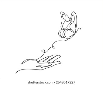 One continuous line drawing of hand holding butterfly. Beautiful flying moth for wellbeing beauty or spa salon logo in simple linear style. Hand drawn one line vector. Editable stroke	