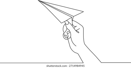 One continuous Line drawing Hand holding a paper airplane in continuous line art, symbolizing ideas, freedom, and communication isolated on white background, Vector, illustration
