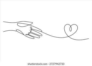 Eine durchgehende Linienzeichnung der Hand, die den Herzvektor hält. Hand mit Herzsymbol Linie Art Style Vektor eps