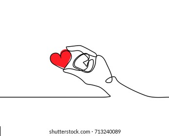 One continuous line drawing of hand holding red heart on white background. EPS10 vector illustration for banner, web, design element, template, postcard. Black thin line of hand with heart. 