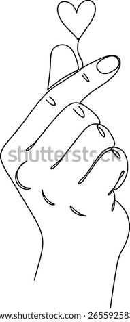 One continuous line drawing of a hand making a Korean finger heart gesture. K-pop love symbol in a minimalist style. Concept of love, affection, and care. Vector illustration icon.