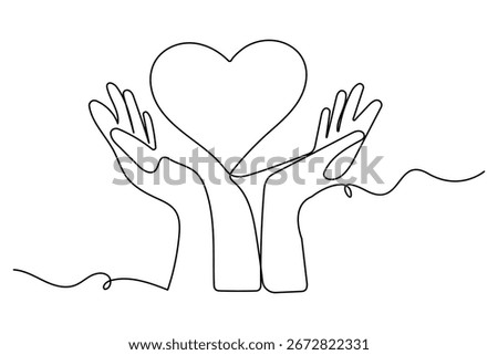 One continuous line drawing of hand holding heart minimal outline vector illustration for charity love and support concept
