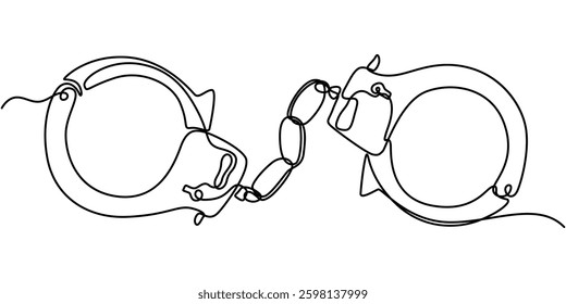one continuous line drawing handcuffs minimalist design vector illustration law theme object isolated on white background, Handcuffs in one continuous line drawing. Symbol of police justice and jail. 