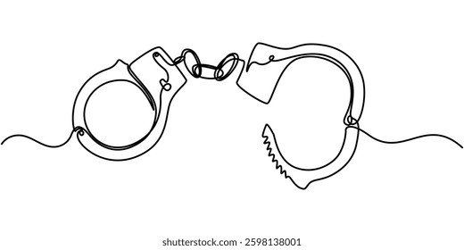 one continuous line drawing handcuffs minimalist design vector illustration law theme object isolated on white background, Handcuffs in one continuous line drawing. Symbol of police justice and jail. 
