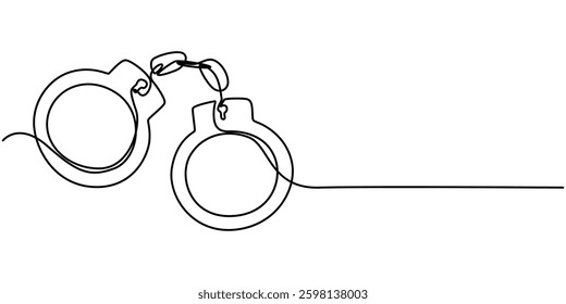 one continuous line drawing handcuffs minimalist design vector illustration law theme object isolated on white background, Handcuffs in one continuous line drawing. Symbol of police justice and jail. 