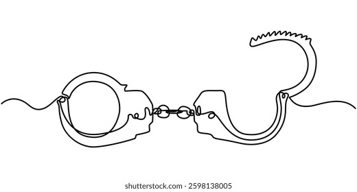 one continuous line drawing handcuffs minimalist design vector illustration law theme object isolated on white background, Handcuffs in one continuous line drawing. Symbol of police justice and jail. 