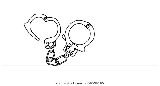 one continuous line drawing handcuffs minimalist design vector illustration law theme object isolated on white background, Handcuffs in one continuous line drawing. Symbol of police justice and jail.