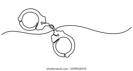 one continuous line drawing handcuffs minimalist design vector illustration law theme object isolated on white background, Handcuffs in one continuous line drawing. Symbol of police justice and jail.