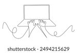 one continuous line drawing of hands typing on a laptop keyboard. one line drawing inputting data, employee working, businessman. single line vector illustration. isolated white background