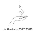 One continuous line drawing of hands holding heart. Concept of love relationship and volunteer organisation symbol in simple linear style. Editable stroke. Doodle Vector illustration