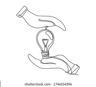 One continuous line drawing of hands protect light bulb icon logo emblem. Safe protection company symbol logotype template concept. Modern single line draw design graphic illustration